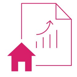 Icon: Haus mit Abbildung einer Immobilienbewertung mit abgebildeten Bewertungsdaten