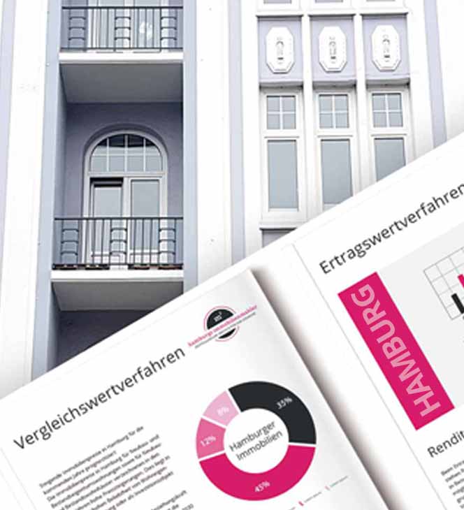 Abbildung einer Altbau Eigentumswohnung in Hamburg mit einer Grafik von Immobilien- Bewertungsmagazinen von Hamburgs Immobilienmakler